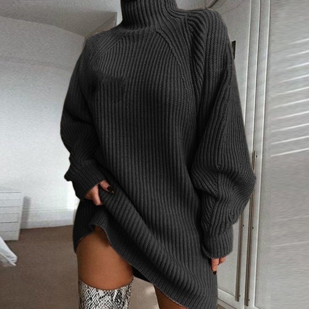 Women’s Dark Gray Turtleneck Long Sweater Dress – Warm Winter Knit